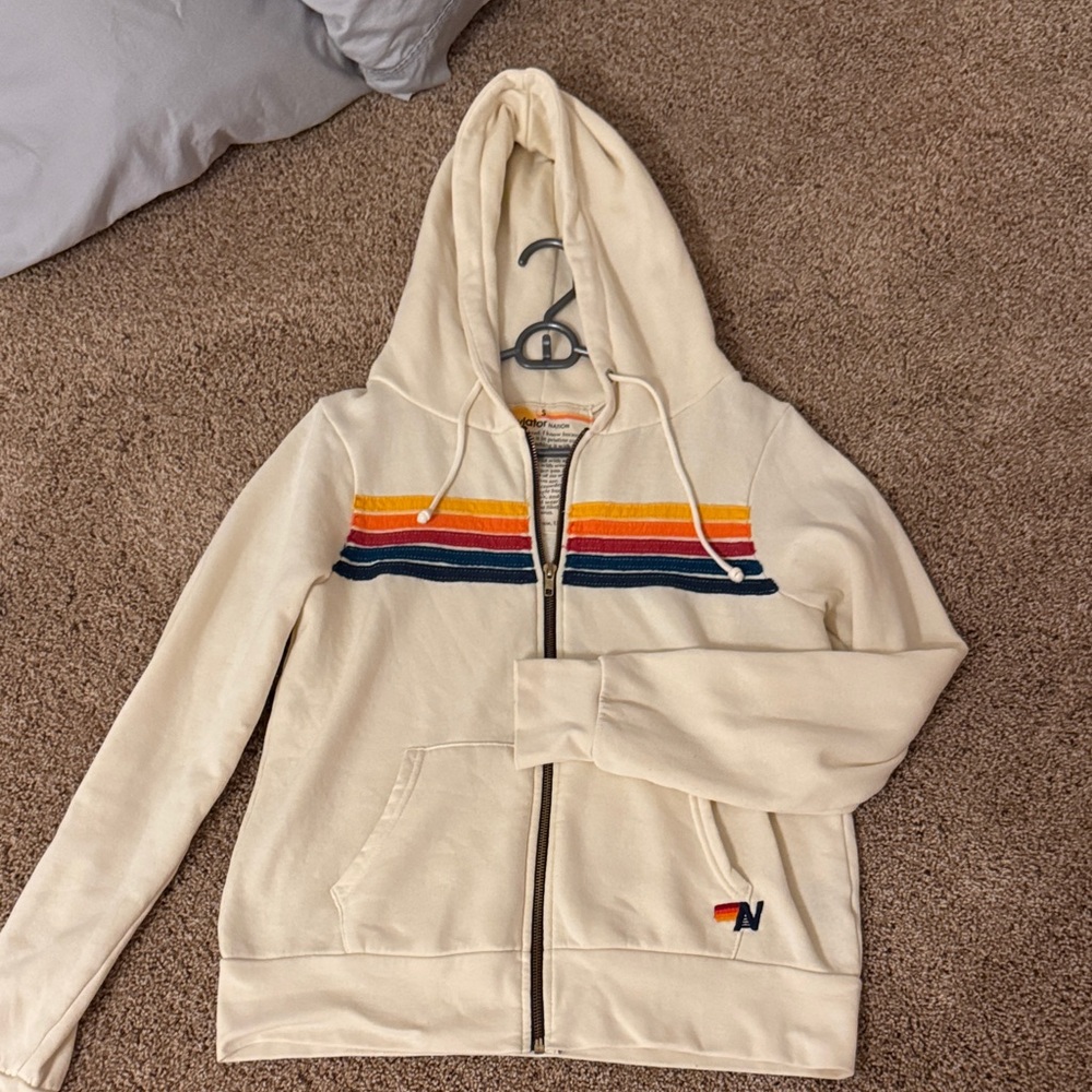 Aviator Nation Cream Varsity Jacket with Multicolor Stripes